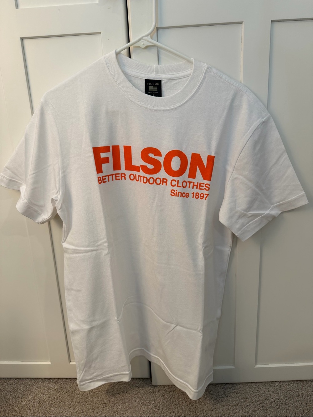 Filson White Short-Sleeve Tee with Bright Orange Logo